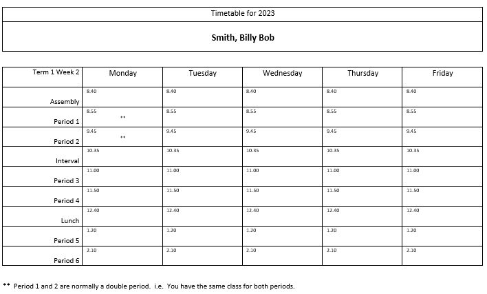 Sample Timetable 2023